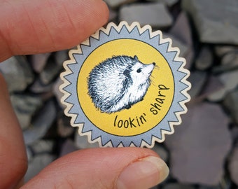 Hedgehog Pin Badge Wooden, lookin' sharp. Lightweight button brooch for lapel, bag, scarf. Small eco pin gift, responsibly sourced wood UK