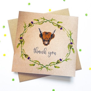 Highland Cow Thank You Card with Thistles, unique illustrated recycled greeting card. Ideal to say thanks to a neighbour, friend, pet sitter