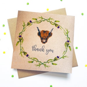 Carte de remerciement vache Highland avec chardons, carte de voeux recyclée illustrée unique. Idéal pour remercier un voisin, un ami ou un gardien d'animaux