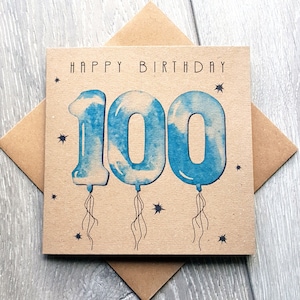 Tarjeta de cumpleaños número 100, con globo azul. Tarjeta sencilla y original de feliz cumpleaños número 100 para un amigo, vecino, abuelo, papá o tío.