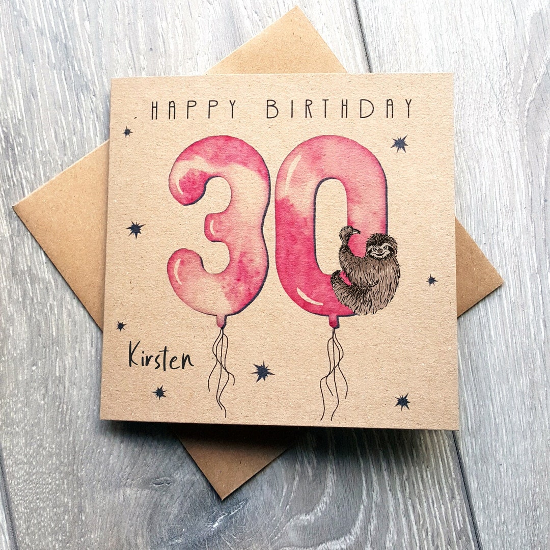 Sloth 30th Birthday Card Personalised, 30 Pink Balloons Happy Bday