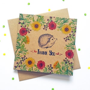 Hedgehog Thank You Card with Flowers, unique illustrated recycled greeting card. Ideal to say thanks to a neighbour, friend, pet sitter. image 1