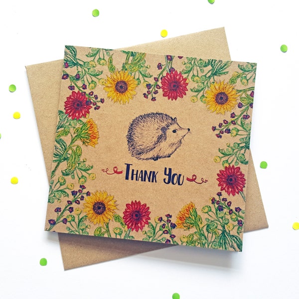 Tarjeta de agradecimiento de erizo con flores, tarjeta de felicitación reciclada ilustrada única. Ideal para agradecer a un vecino, amigo o cuidador de mascotas.