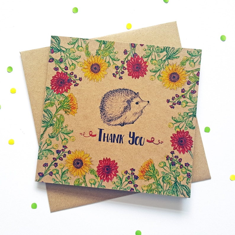 Hedgehog Thank You Card with Flowers, unique illustrated recycled greeting card. Ideal to say thanks to a neighbour, friend, pet sitter. image 1