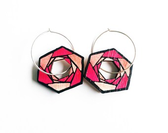 Geometric Pink Earrings with Hoops, colourful bright pink wooden jewellery Sterling Silver hoop. Unique bold fashion accessory with gift tin