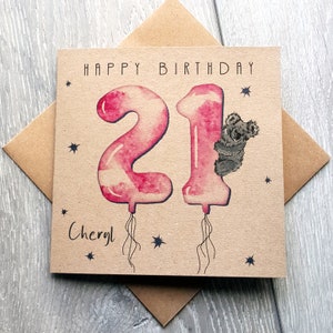 Carte de 21 ans Koala personnalisée, 21 ballons roses joyeux anniversaire cartes avec animal mignon. Carte de visite personnalisée pour fille de 21 ans, nièce