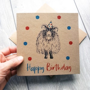 Sheep Birthday Card, colourful illustrated happy birthday greetings for a friend, wife, girlfriend, husband, nephew. Recycled materials UK