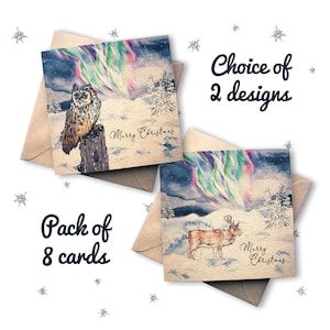 Lot de 8 cartes de Noël hivernales avec scène d'aurores boréales enneigées, choix d'animaux illustrés. Carré recyclé de 6 x 6 po. Chouette renne Royaume-Uni