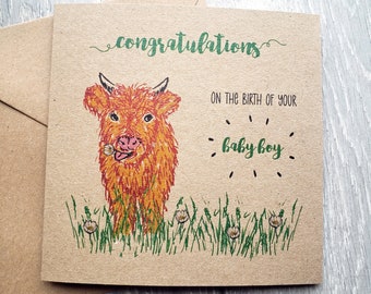 Baby Boy Congratulations Card with Highland Cow, fun cute new born card. Gift for new parents, It's a Boy, congrats on your new arrival UK