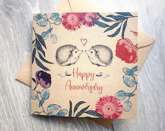 Happy Anniversary Card with Hedgehogs and Flowers, unique illustrated greeting card for wife, girlfriend, square brown cards recycled UK