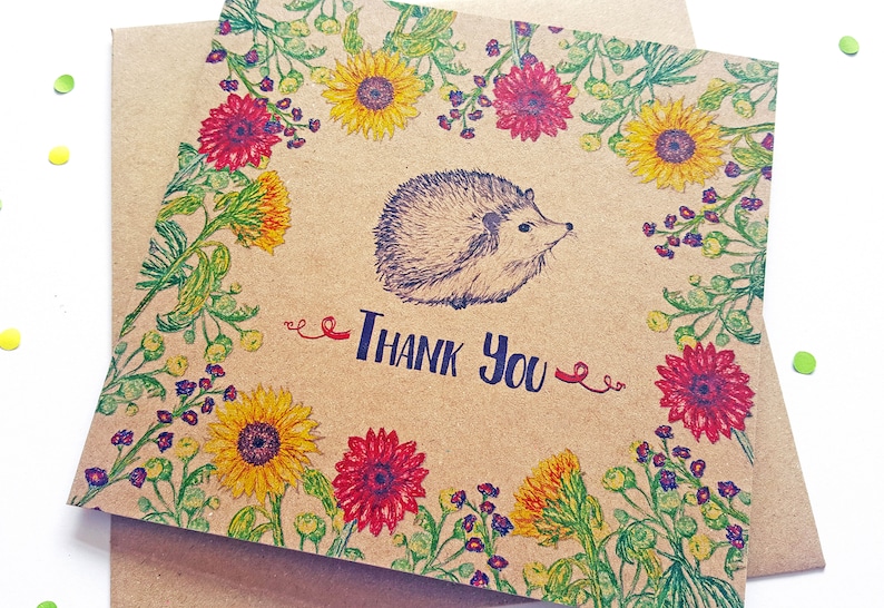 Hedgehog Thank You Card with Flowers, unique illustrated recycled greeting card. Ideal to say thanks to a neighbour, friend, pet sitter. image 2