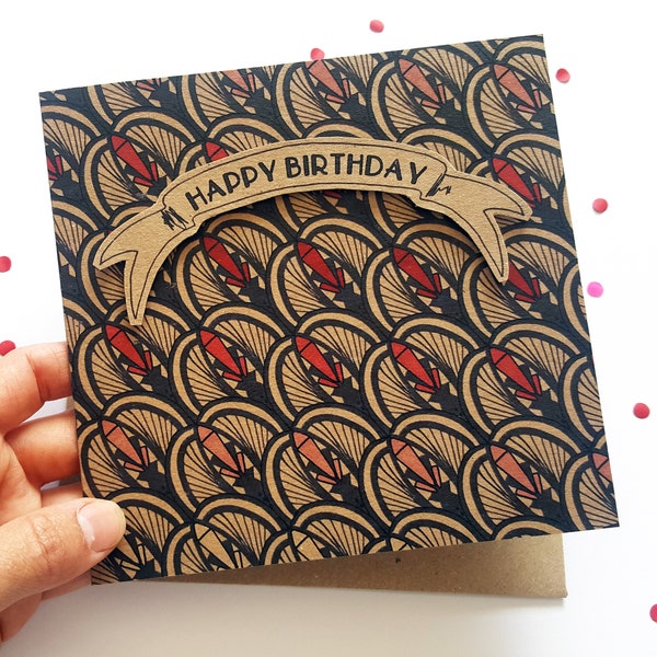 Art Deco Birthday Card, vintage design patterned greeting card with 3D happy birthday banner. Ideal for for wife, girlfriend, best friend