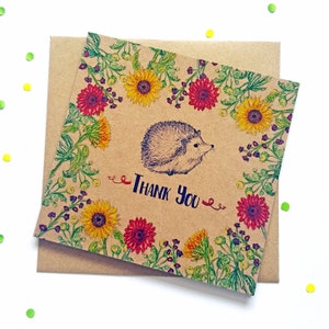 Hedgehog Thank You Card with Flowers, unique illustrated recycled greeting card. Ideal to say thanks to a neighbour, friend, pet sitter. image 3