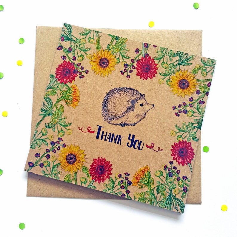 Hedgehog Thank You Card with Flowers, unique illustrated recycled greeting card. Ideal to say thanks to a neighbour, friend, pet sitter. image 3