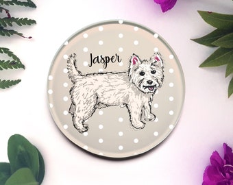 Westie Glass Coaster with Personalised Name, unique illustrated West Highland White Terrier coasters. Cute gift idea for birthday, new home