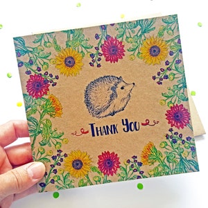 Hedgehog Thank You Card with Flowers, unique illustrated recycled greeting card. Ideal to say thanks to a neighbour, friend, pet sitter. image 7