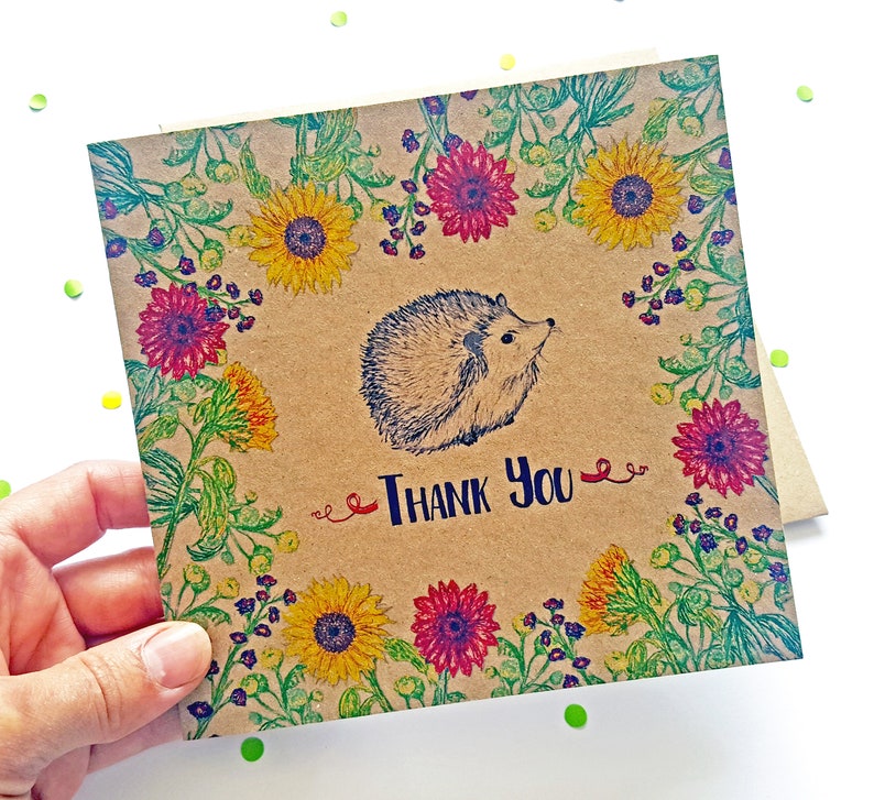 Hedgehog Thank You Card with Flowers, unique illustrated recycled greeting card. Ideal to say thanks to a neighbour, friend, pet sitter. image 7