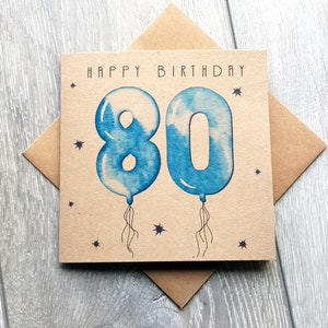 80er Jahre Geburtstagskarte, Karte mit blauem Ballon. Schlichte und einzigartige 80 Jahre Geburtstagskarte für Vater, Nachbar, Onkel, Opa, Freund, uk
