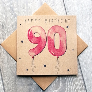 Tarjeta de 90 cumpleaños, tarjeta de felicitación con globo rosa. Tarjeta de feliz cumpleaños de 90 años sencilla y única para una amiga, vecina, abuela, mamá, tía del Reino Unido