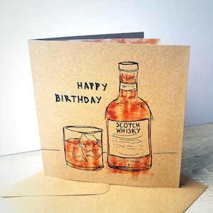 Tarjeta de cumpleaños con whisky escocés. Tarjetas ilustradas ideales para hermano, amigo, hermana, novio, abuelo o tío. Feliz cumpleaños, cuadrado reciclado.