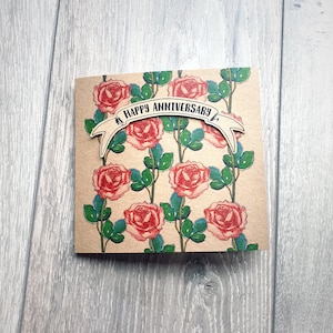 Happy Anniversary Card with Roses and Leaves, unique illustrated greeting card for wife, girlfriend, square brown recycled card with banner