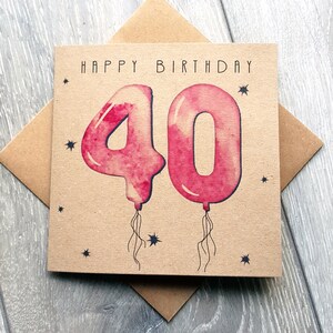 40th Birthday Card, pink balloon age card. Simple and unique 40 years happy birthday card for female friend, neighbour, mum, aunt, sister uk
