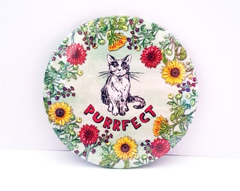 Cat Gift Mirror or Magnet with Floral Border, cute Purrfect or Cattitude quote pocket mirror for cat lovers, best friend, girlfriend, sister