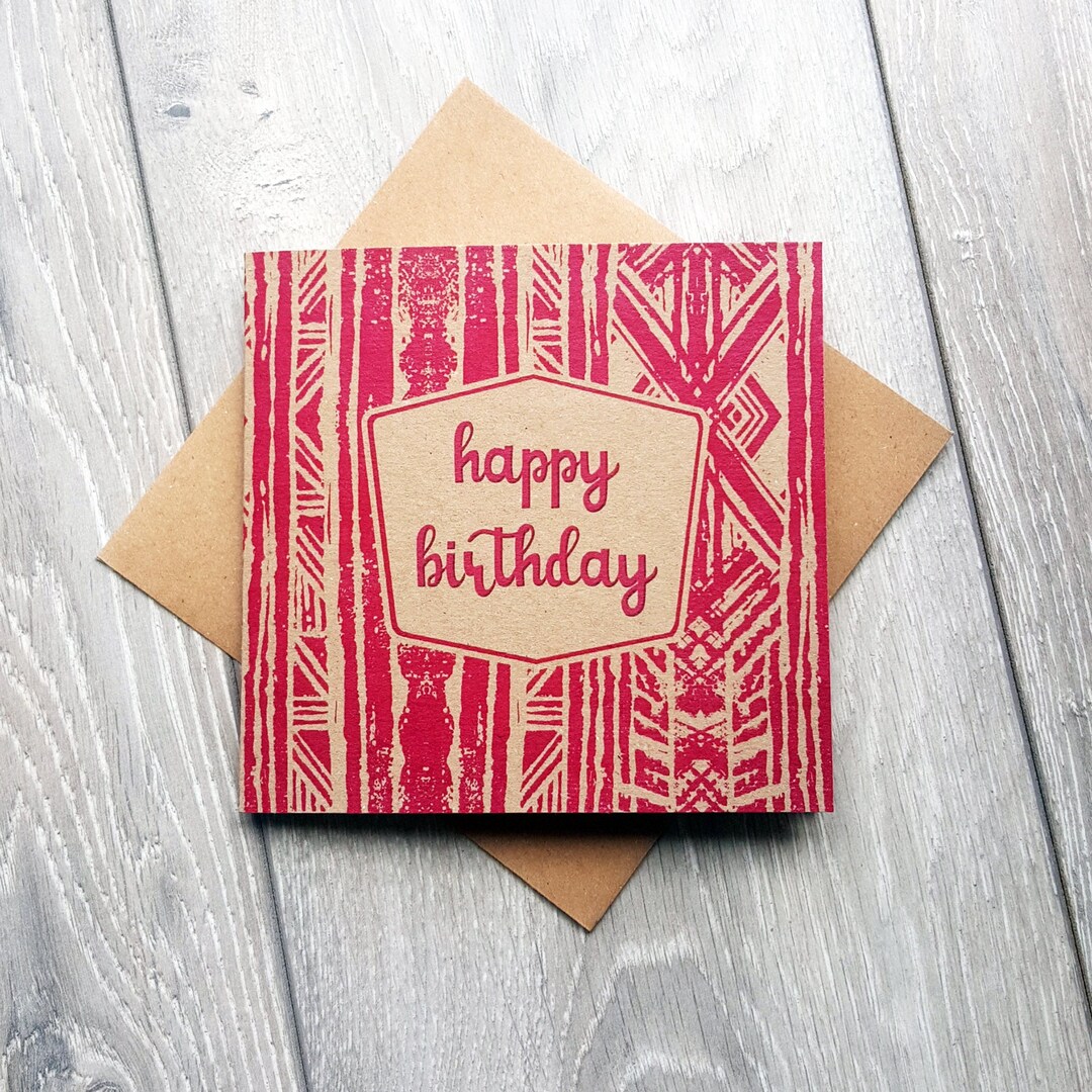 Pink Patterned Happy Birthday Card Lino Cut Design Greeting - Etsy