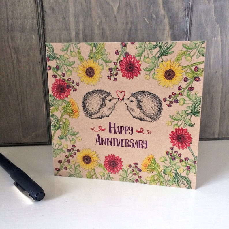 Happy Anniversary Card with Flowers and Hedgehogs, unique illustrated greeting card for wife, girlfriend, square brown kraft card recycled 