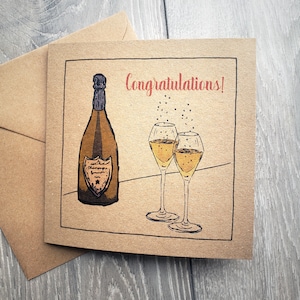 Champagner-Glückwunschkarte, illustrierte Unisex-Cheers-Glückwunschweinkarte für Abschlussfeier, neues Zuhause, Verlobung, Leistung. Recycled UK