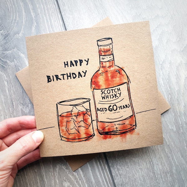 60th Happy Birthday Card with Scotch Whisky Design, aged 60 years. Ideal recycled milestone cards for friend, brother, colleague, husband UK