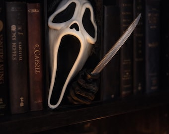 Rincón de libros inspirado en caras de fantasmas/Decoración de estantería de gritos/Regalo para amantes del terror