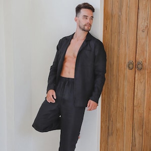 Men’s Black Linen Pajama Set – Breathable Relaxed Loungewear for Him – Organic Stonewashed Sleepwear Gift – Summer Lightweight PJs Men VIGO