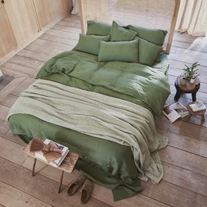 Forest Green Linen Duvet Cover Set – 3 Piece Queen King Bedding – European Flax, Stonewashed Midweight Linen, Soft Breathable Earthy Green
