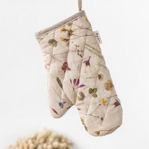 Linen oven mitt (1pcs) in botanical print | Oven glove | Linen kitchen mitt | Protective cooking glove