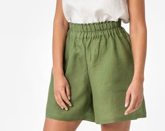 Linnen short CUENCA in Bosgroen | Korte broek met hoge taille | Korte broek met wijde pijpen | Lichtgewicht linnen damesshort