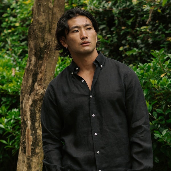 WENGEN chemise homme en lin classique (Noir) | Chemise légère à manches longues | Chemise boutonnée | Chemise d'été