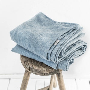 Blue Melange Linen Flat Sheet – Textured Stonewashed Bedding – Soft Denim Tone Top Layer – Breathable European Flax – Queen King Sizes