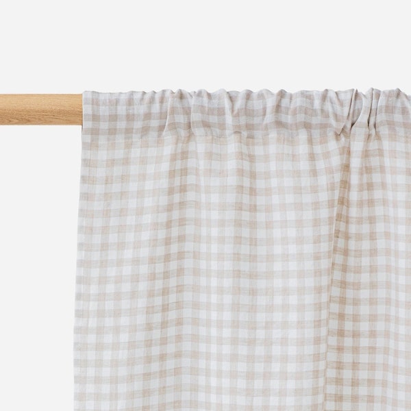 Rod pocket linen curtain panel (1 pcs) in natural gingham | Semi-sheer linen drapes | Checkered, farmhouse, living room curtains