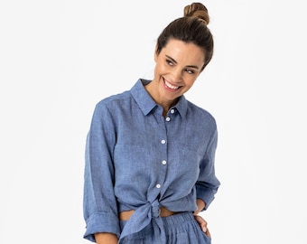 Basic linen shirt CALPE in Denim chambray | Long sleeve linen shirt | Oversized linen shirt