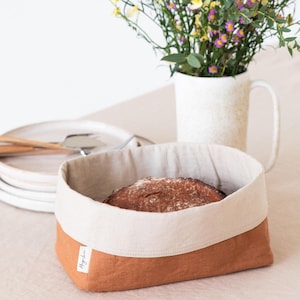 Linen Bread Basket – Stone Washed Bread Storage Bin – Reusable Bread Bag for Pantry – Kitchen Linen Essentials – European Flax Basket