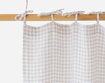 Tie top linen curtain panel in natural gingham (1 pcs) | Semi-sheer window, door curtain | Farmhouse, living room, checkered, custom size