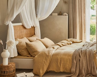 Parure de lit en lin beige sable, nid d'abeille / Parure de lit pour grand lit, très grand lit / Parure de lit 3 pièces en lin lavé comprenant deux taies d'oreiller