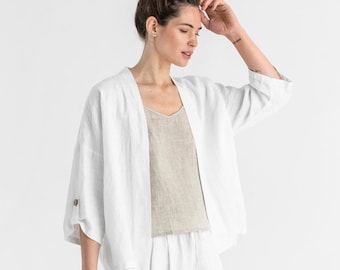 Linen blazer BANOS. White cardigan. Linen kimono jacket, open front cardigan. Linen top for women, loose fit