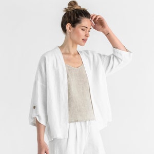 Linen blazer BANOS. White cardigan. Linen kimono jacket, open front cardigan. Linen top for women, loose fit White