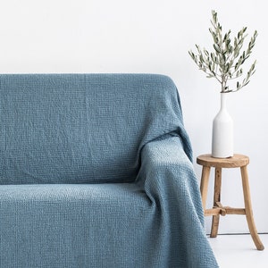 Linen Couch Cover – Gray Blue Waffle Sofa Throw – Full Coverage Washable Protector – Stonewashed Cotton Blend – Calm Modern Home Decor