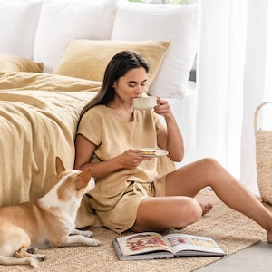 Linen pajama LUNI in Sandy Beige | Loungewear for Women | Linen nightgown | Linen pajama set of loose top and shorts