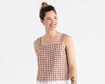 Gingham top OLINDA. Sleeveless linen tank top. Basic linen blouse. Square neck summer top