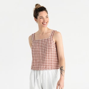 Clay Gingham Linen Tank Top – Sleeveless Linen Crop with Square Neck – Relaxed Fit Ethical Top for Layered Looks or Travel OLINDA