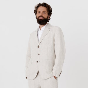Heavyweight Linen Blazer for Men in Natural Melange – Groom Wedding Jacket – Formal Coconut Button Suit Coat – Classic Fit Linen SALVADOR